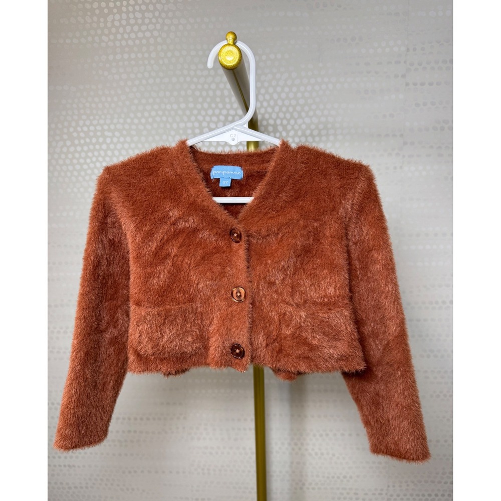 Pom Pomme Girls 2T Rust Brown Fuzzy Cropped Cardigan Button Front Soft Sweater